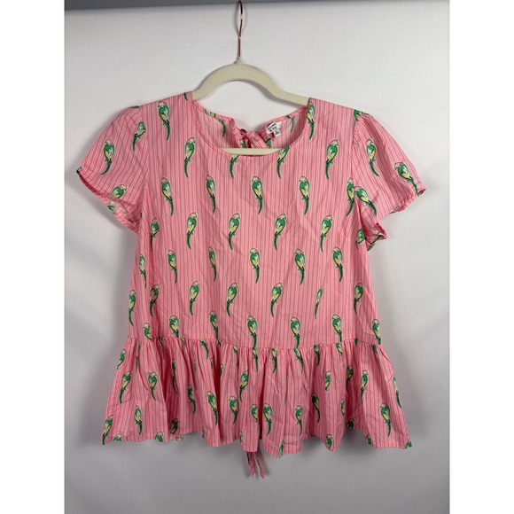 Crown & Ivy Parrot Print Peplum Top Pink Stripe Short Sleeve Tie Back Medium - Picture 1 of 7